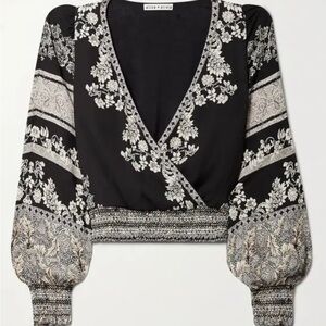 Alice + Olivia Catherine Cropped Wrap Effect Floral Print Crepe Top